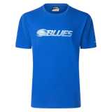 The Blues Super Rugby 25/26 Supporters Cotton Tee by Classic Sportswear is a blue cotton tee with "BLUES" and a white wave graphic on the front, perfect for any Blues Rugby supporters.