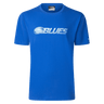 The Blues Super Rugby 25/26 Supporters Cotton Tee by Classic Sportswear is a blue cotton tee with "BLUES" and a white wave graphic on the front, perfect for any Blues Rugby supporters.