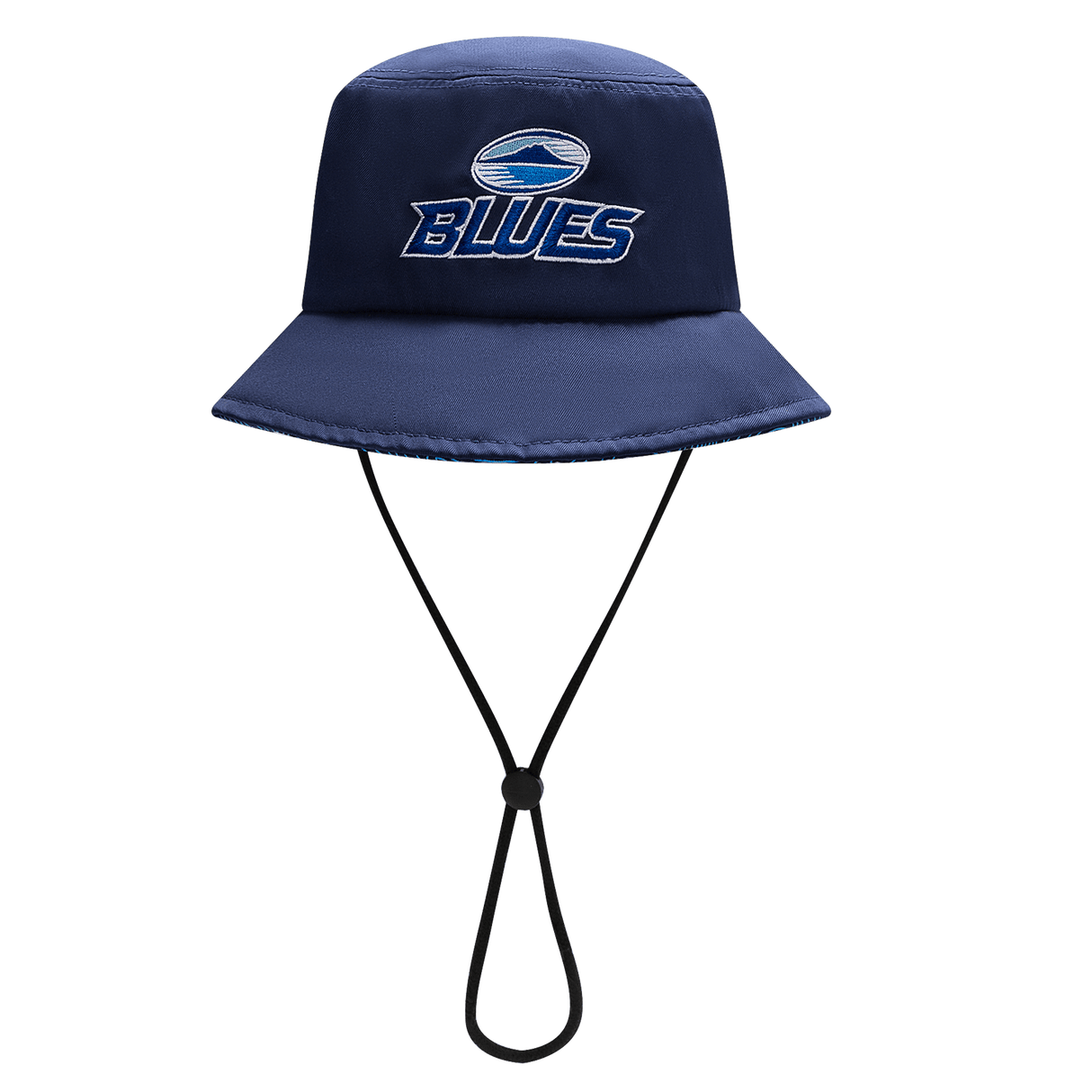 The Blues Super Rugby 25/26 Bucket Hat by Classic Sportswear, in navy blue, features "Blues" and a wave logo on the front. It includes an adjustable chin strap for the perfect fit.