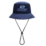 The Blues Super Rugby 25/26 Bucket Hat by Classic Sportswear, in navy blue, features "Blues" and a wave logo on the front. It includes an adjustable chin strap for the perfect fit.