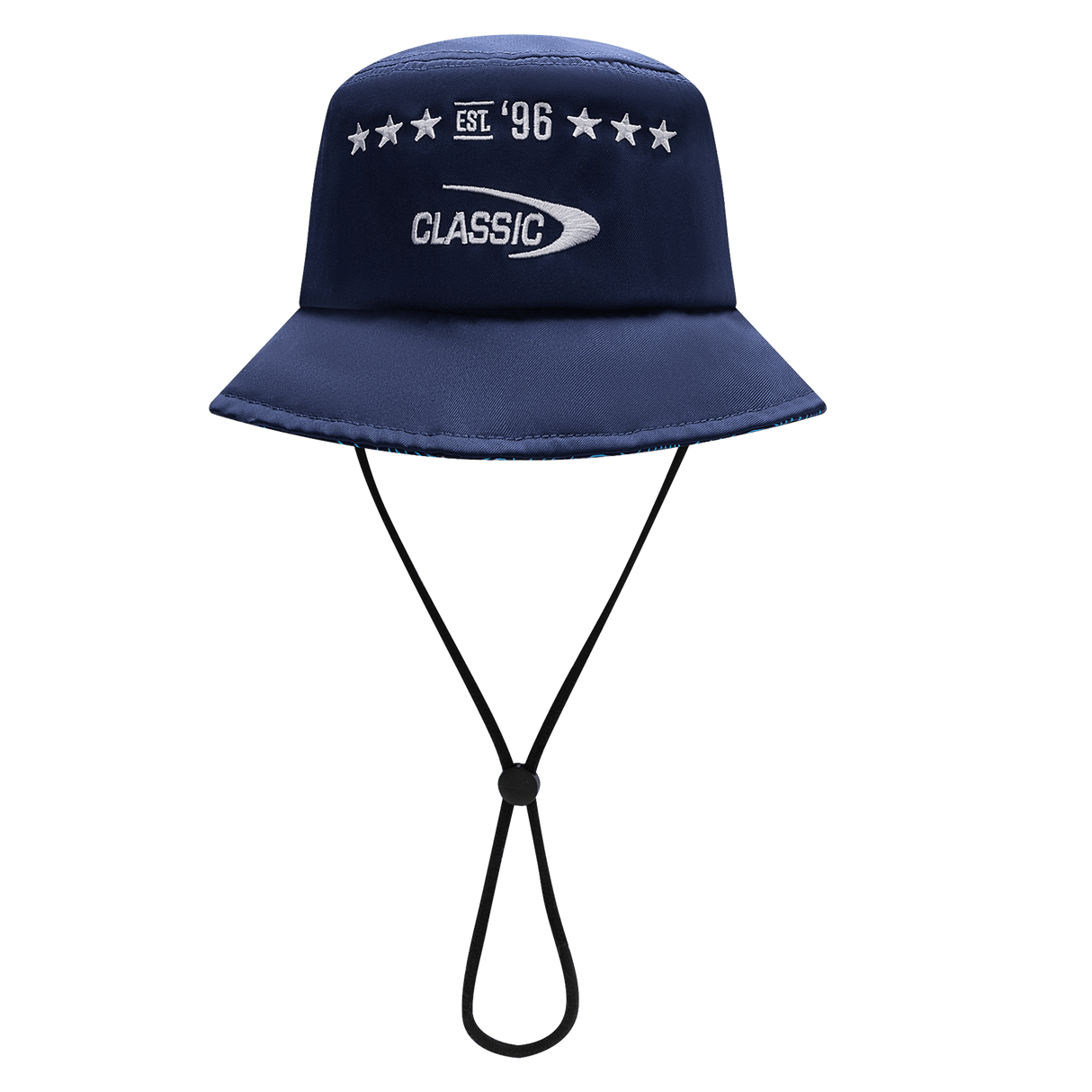 The Blues Super Rugby 25/26 Bucket Hat by Classic Sportswear features a chin strap, "Classic" and "EST '96" text, adorned with five stars for a timeless sportswear appeal.