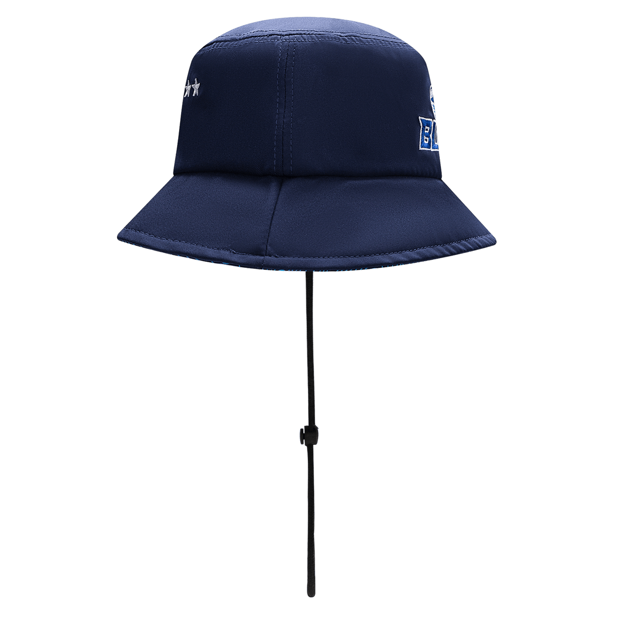 The Blues Super Rugby 25/26 Bucket Hat, by Classic Sportswear, combines classic sportswear with style, featuring a navy blue design with a wide brim, adjustable chin strap, and embroidered logos on the front and side.