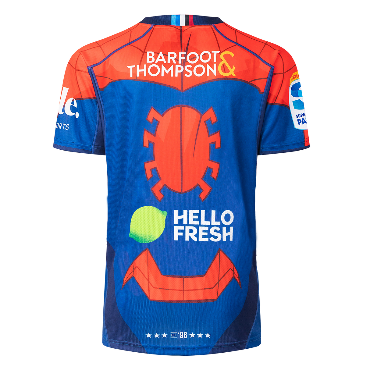 The Limited Edition Blues Super Rugby Marvel Collection Spiderman Jersey by Classic Sportswear showcases a blue and red design with a spider motif, featuring sponsor logos like "Barfoot & Thompson" and "Hello Fresh" on the back—ideal for rugby and superhero fans alike.