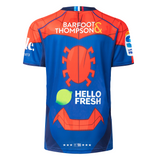 The Limited Edition Blues Super Rugby Marvel Collection Spiderman Jersey by Classic Sportswear showcases a blue and red design with a spider motif, featuring sponsor logos like "Barfoot & Thompson" and "Hello Fresh" on the back—ideal for rugby and superhero fans alike.