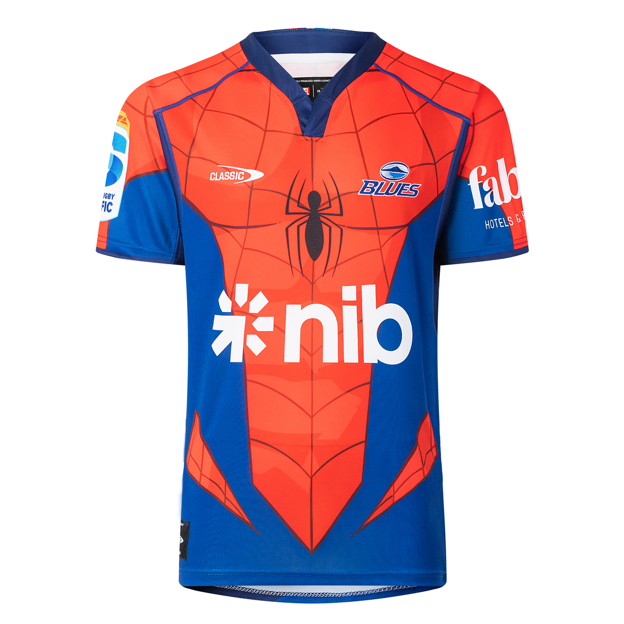 The Limited Edition Blues Super Rugby Marvel Collection Spiderman Jersey by Classic Sportswear boasts a bold red and blue Spider-Man design with logos for nib, Classic, and Blues Super Rugby team.