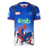 The Limited Edition Blues Super Rugby Marvel Collection Spiderman Warm-Up Tee by Classic Sportswear features Spider-Man artwork, a Marvel logo, "Blues" emblem, and sponsor logos like nib, ideal for Blues Super Rugby fans.