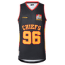 The Gallagher Chiefs Super Rugby Supporters Basketball Singlet 25/26 by Classic Sportswear is a black singlet with red and yellow trim, featuring "96" and "CHIEFS" on the front, plus a logo of a muscular figure with a basketball. Made from polyester performance fabric, it offers moisture-wicking to stay dry during games.