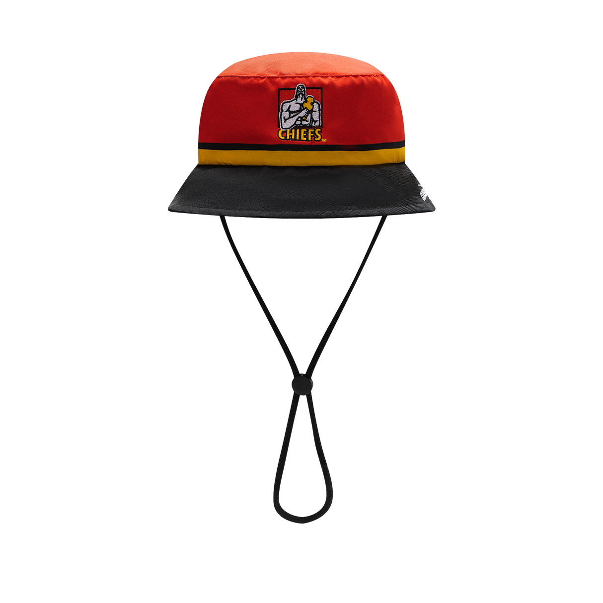 The Gallagher Chiefs Super Rugby Supporters Bucket Hat 25/26 by Classic Sportswear is red and black with a "Chiefs" logo on the front and an adjustable chin strap.