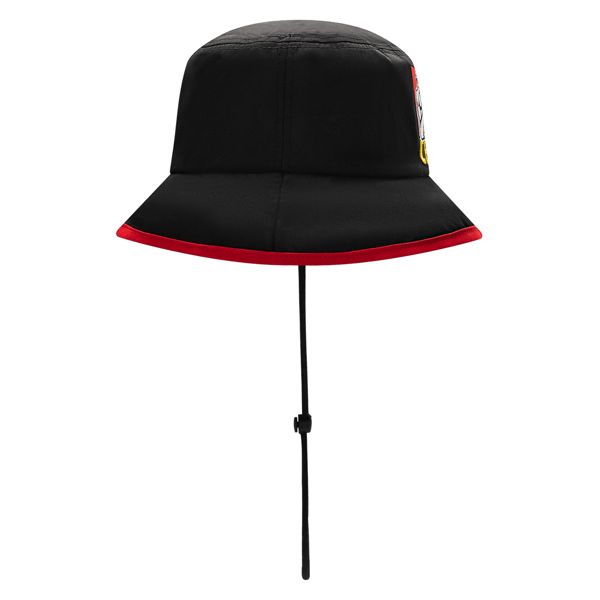 The Gallagher Chiefs Super Rugby Bucket Hat 25/26 by Classic Sportswear is elegantly displayed on a stand, showcasing its classic black design with a rugby-inspired red trim.
