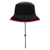 The Gallagher Chiefs Super Rugby Bucket Hat 25/26 by Classic Sportswear is elegantly displayed on a stand, showcasing its classic black design with a rugby-inspired red trim.
