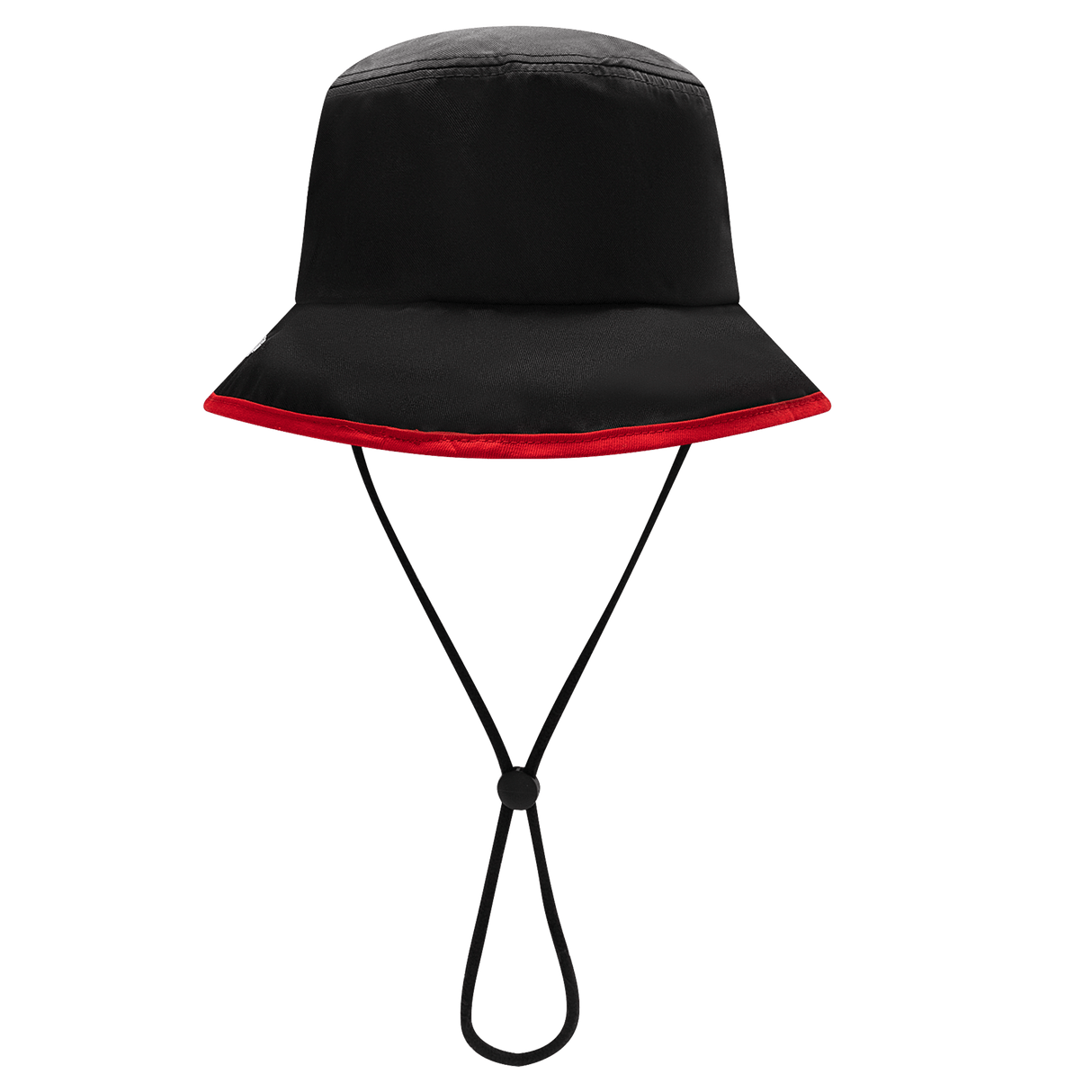 The Gallagher Chiefs Super Rugby Bucket Hat 25/26 by Classic Sportswear is black with a red rim and an adjustable chin strap for a perfect fit.