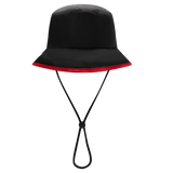 The Gallagher Chiefs Super Rugby Bucket Hat 25/26 by Classic Sportswear is black with a red rim and an adjustable chin strap for a perfect fit.