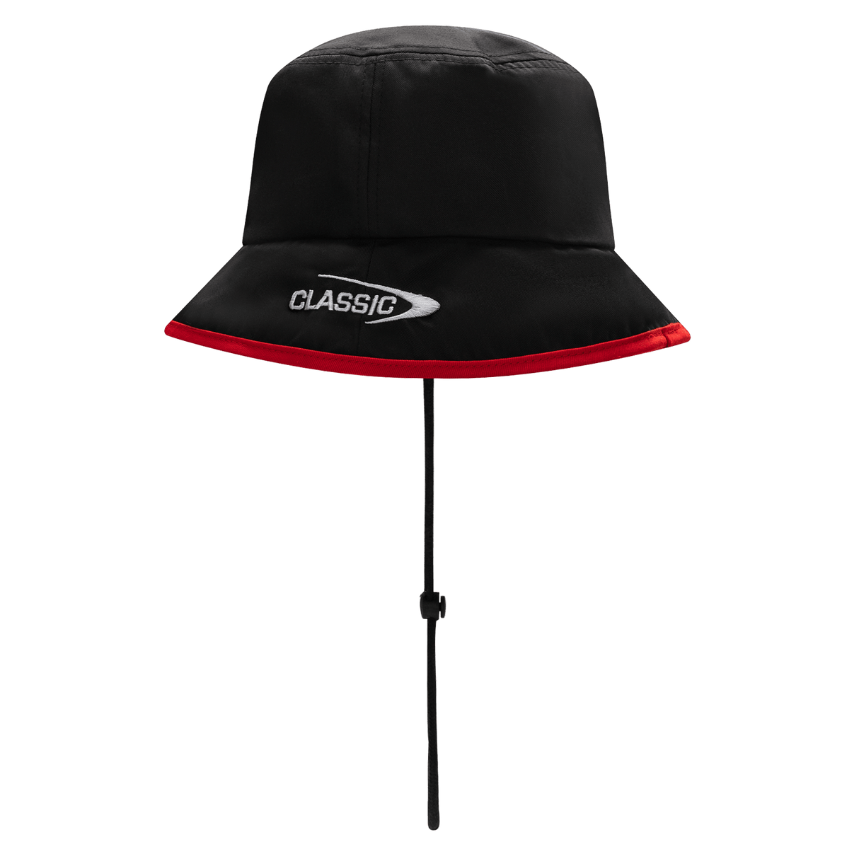 The Gallagher Chiefs Super Rugby Bucket Hat 25/26 by Classic Sportswear features a black design, red brim, and neck cover with "CLASSIC" in white, perfect for any Chiefs rugby fan.