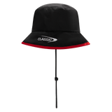 The Gallagher Chiefs Super Rugby Bucket Hat 25/26 by Classic Sportswear features a black design, red brim, and neck cover with "CLASSIC" in white, perfect for any Chiefs rugby fan.