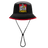 The Gallagher Chiefs Super Rugby Bucket Hat 25/26 by Classic Sportswear is black with red trim, featuring an embroidered gorilla and "CHIEFS" on the front. Ideal for Chiefs fans, it has an adjustable chin strap for a secure fit.