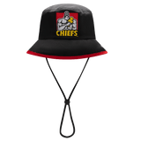 The Gallagher Chiefs Super Rugby Bucket Hat 25/26 by Classic Sportswear is black with red trim, featuring an embroidered gorilla and "CHIEFS" on the front. Ideal for Chiefs fans, it has an adjustable chin strap for a secure fit.