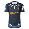 The Limited Edition Gallagher Chiefs Super Rugby Marvel Collection Black Panther Jersey by Classic Sportswear is a striking navy and black sports jersey with geometric patterns, featuring prominent logos for Gallagher and Chiefs, plus other sponsor logos on the sleeves.