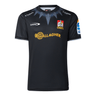The Limited Edition Gallagher Chiefs Super Rugby Marvel Collection Black Panther Warm-Up Tee by Classic Sportswear showcases gray patterns, sponsor logos including "Gallagher" and "Classic," sleeve logos with a stylized bird, and a red, black, and yellow emblem honoring Te Ao Māori culture.