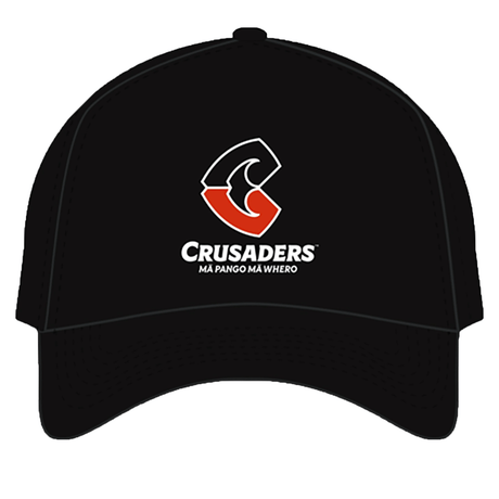 Crusaders Super Rugby Media Cap 24 by Classic Sportswear featuring a structured crown and the Crusaders logo with a stylized red and black sword, along with embroidered logos and the text "CRUSADERS Ma Pango Ma Whero" on the front.