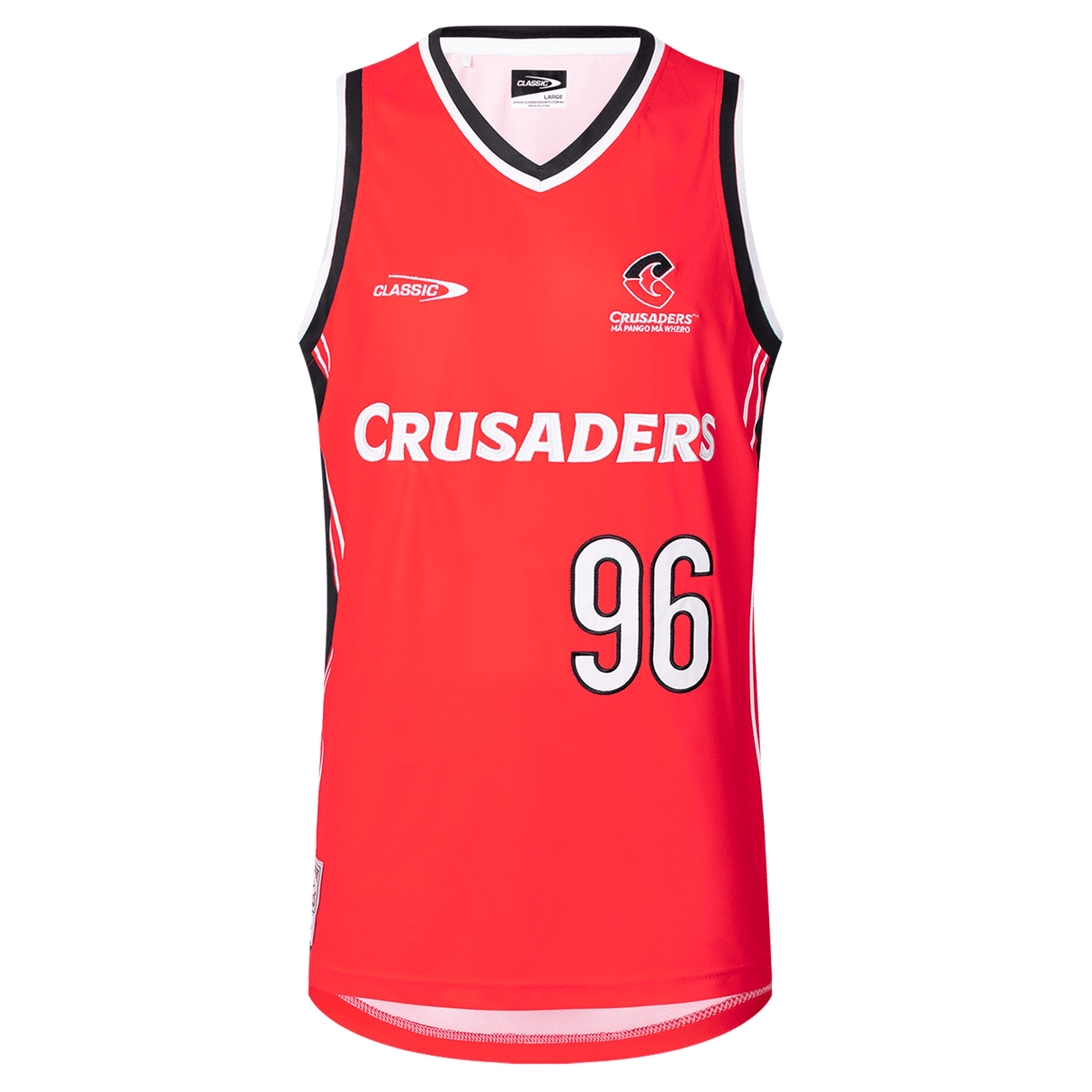 The Crusaders Super Rugby 25/26 Supporters Basketball Singlet by Classic Sportswear showcases a red and black design with "Crusaders" and "96" on the front, crafted from moisture-wicking fabric for that perfect game-ready look.