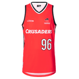 The Crusaders Super Rugby 25/26 Supporters Basketball Singlet by Classic Sportswear showcases a red and black design with "Crusaders" and "96" on the front, crafted from moisture-wicking fabric for that perfect game-ready look.