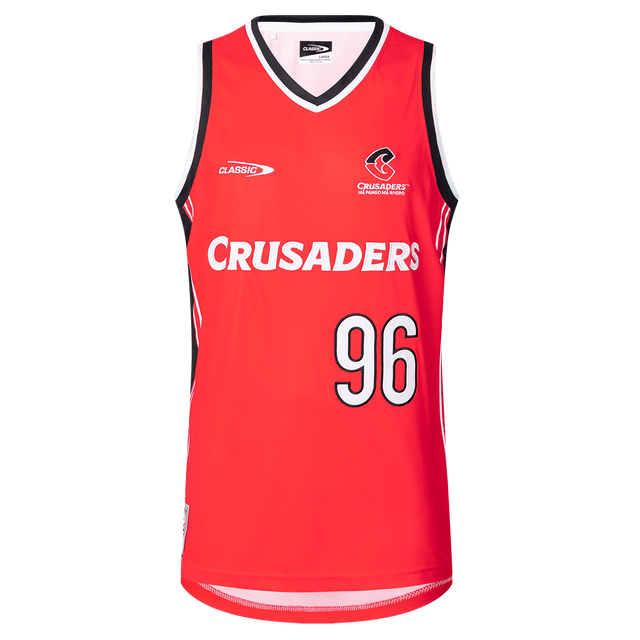 The Crusaders Super Rugby 25/26 Supporters Basketball Singlet by Classic Sportswear showcases a red and black design with "Crusaders" and "96" on the front, crafted from moisture-wicking fabric for that perfect game-ready look.