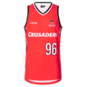 The Crusaders Super Rugby 25/26 Supporters Basketball Singlet by Classic Sportswear showcases a red and black design with "Crusaders" and "96" on the front, crafted from moisture-wicking fabric for that perfect game-ready look.