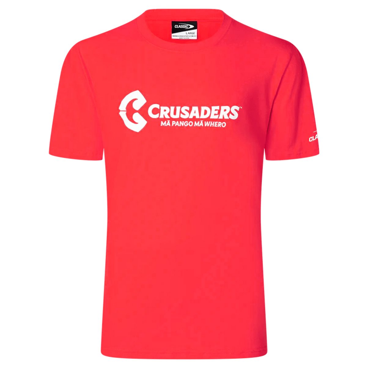 Crusaders Super Rugby 25/26 Supporters Cotton Tee by Classic Sportswear, red with "CRUSADERS MĀ PANGO MĀ WHERO" in white and the Crusaders rugby club logo on the front.