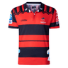 Red and blue striped Crusaders Super Rugby Heritage Jersey by Classic Sportswear with Crusaders logo and sponsor logos displayed, including cat and Classic Sportswear.