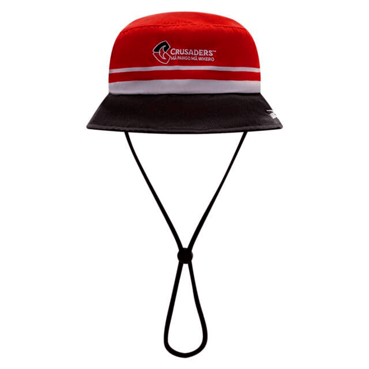 Show your support with the Crusaders Super Rugby 25/26 Supporters Bucket Hat by Classic Sportswear, featuring red and black colors, a white stripe, chin strap, and official team logo—perfect for passionate rugby fans.