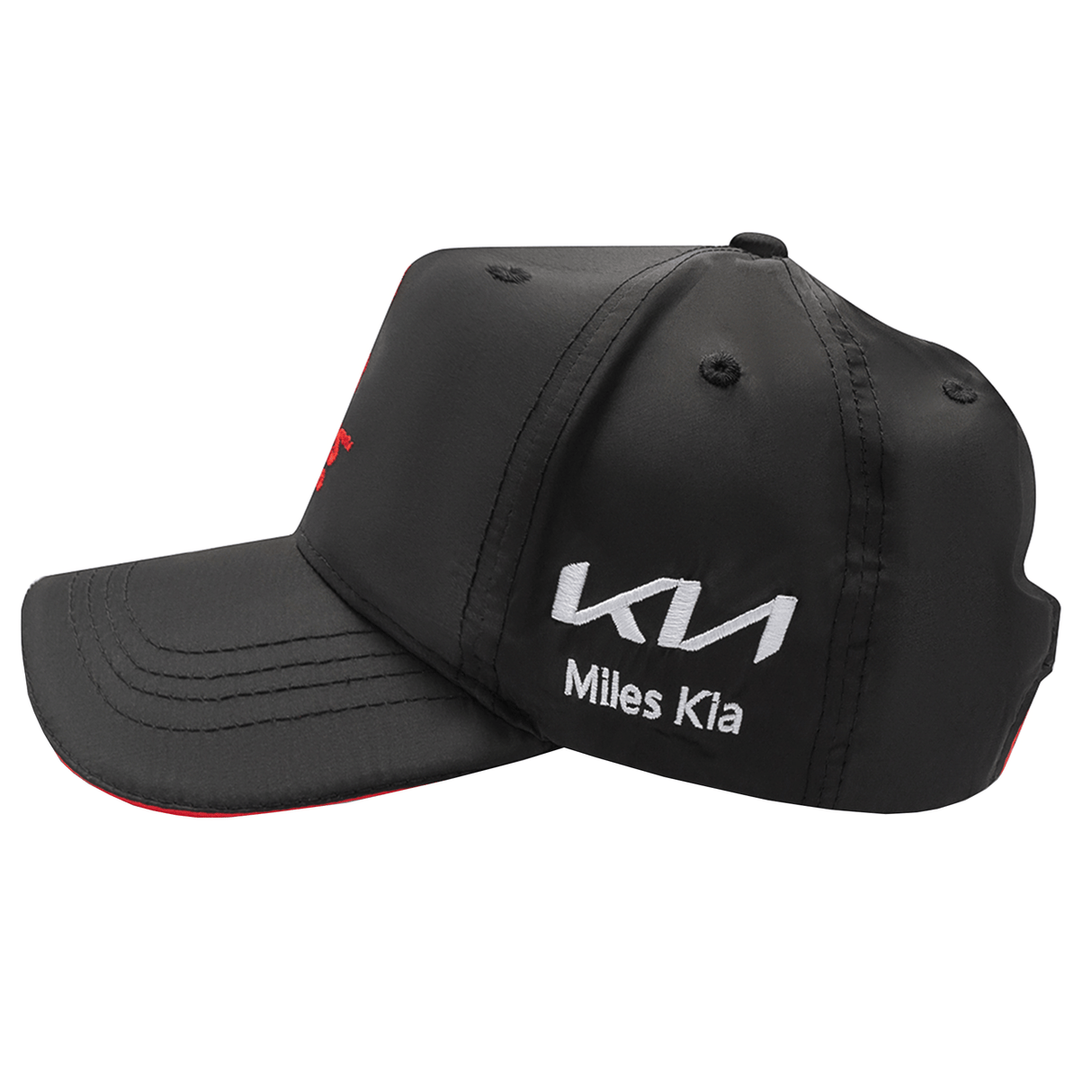 The Crusaders Super Rugby Media Cap 25/26 by Classic Sportswear is a sleek black baseball cap made from quick-drying polyester, featuring red and white embroidered "Miles Kia" branding on the sides and front, along with a distinctive logo.