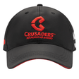 The Crusaders Super Rugby Media Cap 25/26 by Classic Sportswear is black and adorned with a striking red and white embroidered logo. It includes the text "Mā pango mā whero" on the front and is made from quick-drying polyester for maximum comfort.