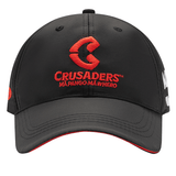 The Crusaders Super Rugby Media Cap 25/26 by Classic Sportswear is black and adorned with a striking red and white embroidered logo. It includes the text "Mā pango mā whero" on the front and is made from quick-drying polyester for maximum comfort.
