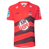 The Crusaders Super Rugby Replica Home Jersey 25/26 by Classic Sportswear features sponsor logos, the "Classic" logo, and the "Crusaders" team logo. It showcases "I AM HOPE" on the front, making it essential for any Super Rugby enthusiast.
