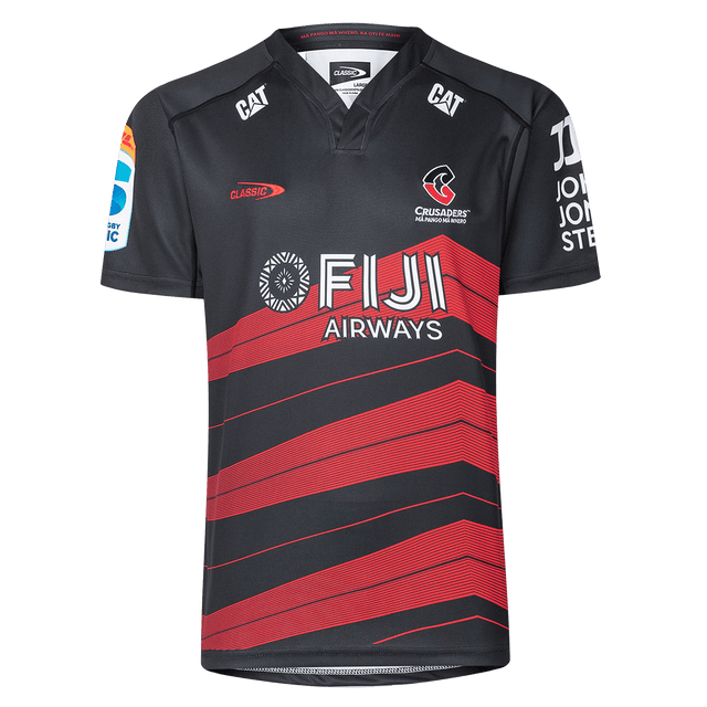 The Crusaders Super Rugby Replica Away Jersey 25/26 by Classic Sportswear is a classic sportswear piece featuring a bold black and red design with sponsor logos.