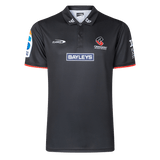 The Crusaders Super Rugby Team Polo 25/26 by Classic Sportswear, made from moisture-wicking fabric, showcases embroidered Bayleys and Crusaders logos on the front and sleeves.