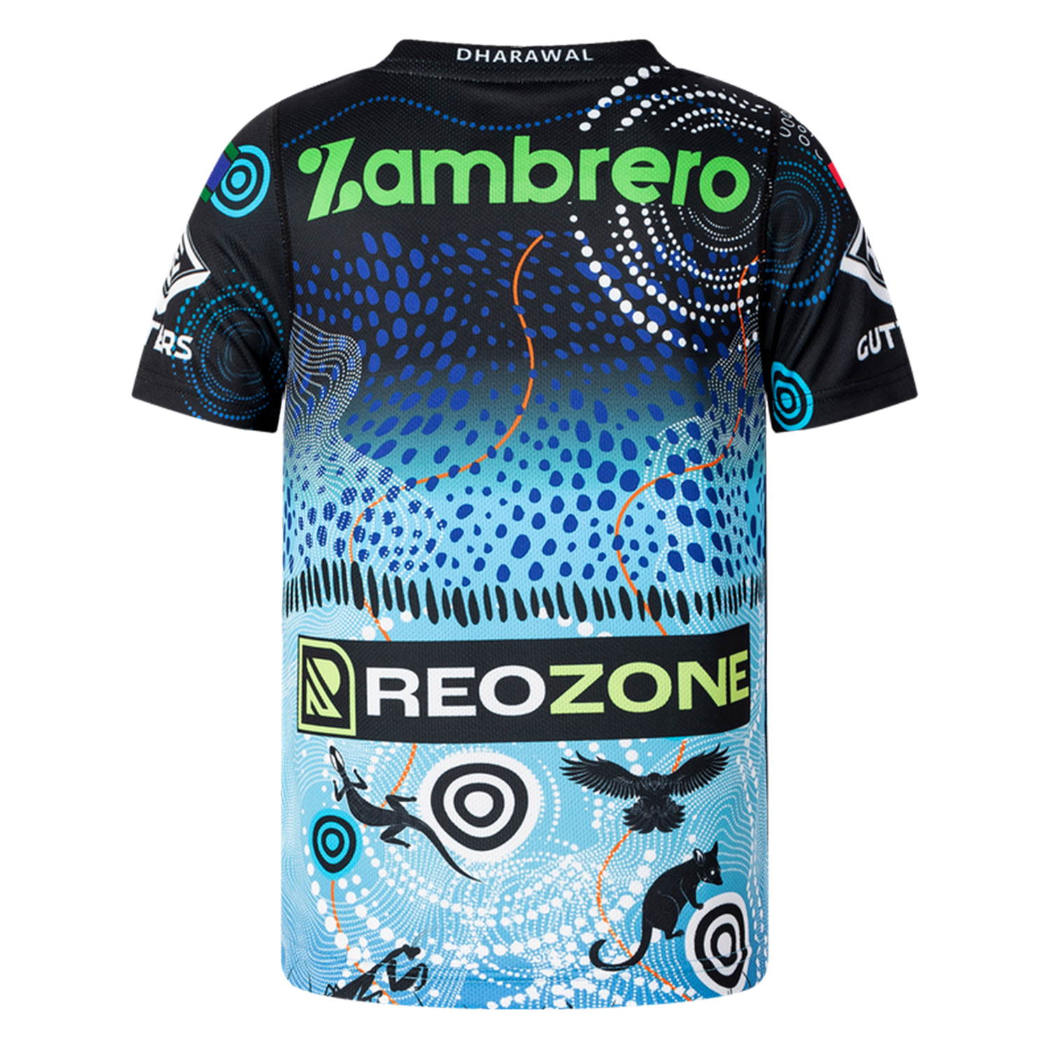 The Sharks Indigenous NRL 25/26 Replica Jersey by Classic Sportswear features blue Indigenous-inspired patterns, animal silhouettes, and the "Zambrero," "REOZONE," and "DHARAWAL" logos.