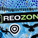 A close-up of the Sharks Indigenous NRL 25/26 Replica Jersey by Classic Sportswear, showing "REOZONE" in bold, blue dotted patterns, black animal silhouettes, and concentric circles inspired by Indigenous design.
