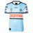 The Sharks NRL 26/27 Replica Home Jersey by Classic Sportswear is light blue with black, white, and blue stripes, featuring the Cronulla Sharks logo, NRL Premiership logo, and "aramex" sponsor across the chest.