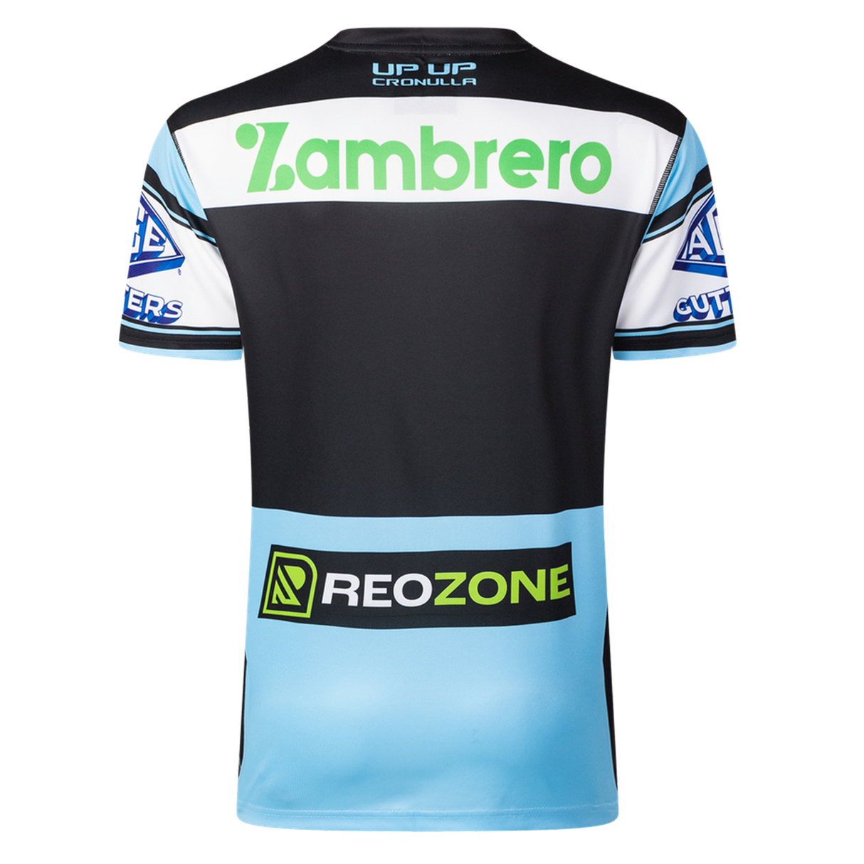 Rear view of the Sharks NRL 26/27 Replica Home Jersey by Classic Sportswear in black, white, and light blue, featuring Zambrero and Reozone logos plus sponsor logos on the sleeves.