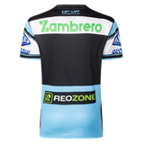 Rear view of the Sharks NRL 26/27 Replica Home Jersey by Classic Sportswear in black, white, and light blue, featuring Zambrero and Reozone logos plus sponsor logos on the sleeves.