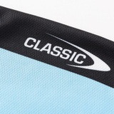 Close-up of the Sharks NRL 26/27 Replica Home Jersey by Classic Sportswear in light blue and black, with "CLASSIC" and a swoosh design printed in white.