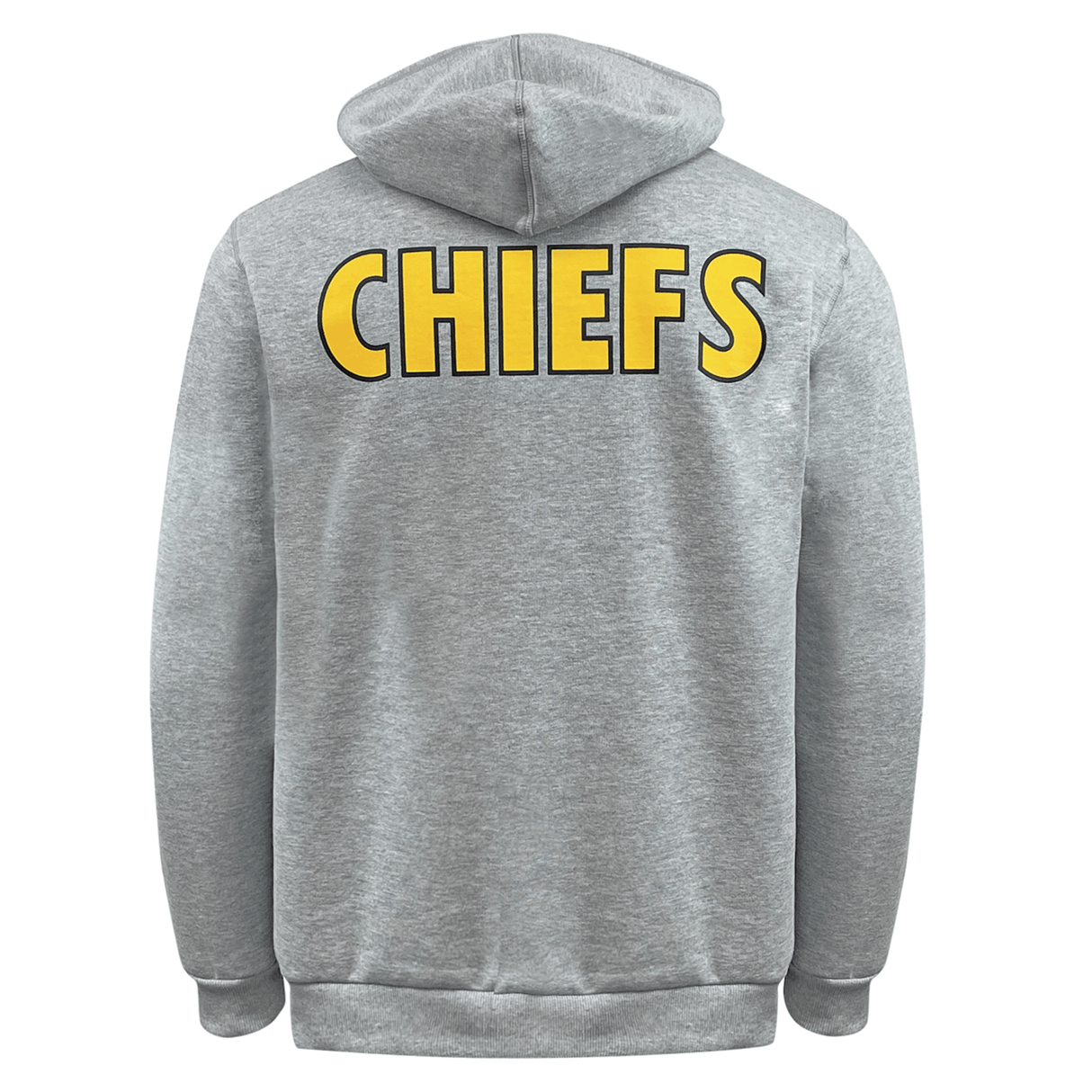 The image displays the Gallagher Chiefs Super Rugby Supporters Hoodie 24 by Classic Sportswear from the back, showcasing the word "CHIEFS" in prominent yellow letters across the upper back section—ideal for any Super Rugby 2024 enthusiast.