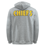 The image displays the Gallagher Chiefs Super Rugby Supporters Hoodie 24 by Classic Sportswear from the back, showcasing the word "CHIEFS" in prominent yellow letters across the upper back section—ideal for any Super Rugby 2024 enthusiast.