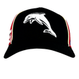 Check out the Dolphins NRL 25/26 Media Cap by Classic Sportswear: a black cap with a white embroidered dolphin on the front, red and blue side panels, and yellow trim. Ideal for stylish NRL fans eager to support their team with flair!.