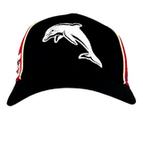 Check out the Dolphins NRL 25/26 Media Cap by Classic Sportswear: a black cap with a white embroidered dolphin on the front, red and blue side panels, and yellow trim. Ideal for stylish NRL fans eager to support their team with flair!.