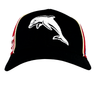 Check out the Dolphins NRL 25/26 Media Cap by Classic Sportswear: a black cap with a white embroidered dolphin on the front, red and blue side panels, and yellow trim. Ideal for stylish NRL fans eager to support their team with flair!.