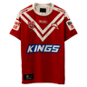 This Dolphins NRL 25/26 Special Edition Heritage Jersey by Classic Sportswear is a red and white sports jersey featuring the iconic dolphin logo and "KINGS." It showcases sponsor logos like WAHL, embodying the spirit of the Redcliffe Dolphins.