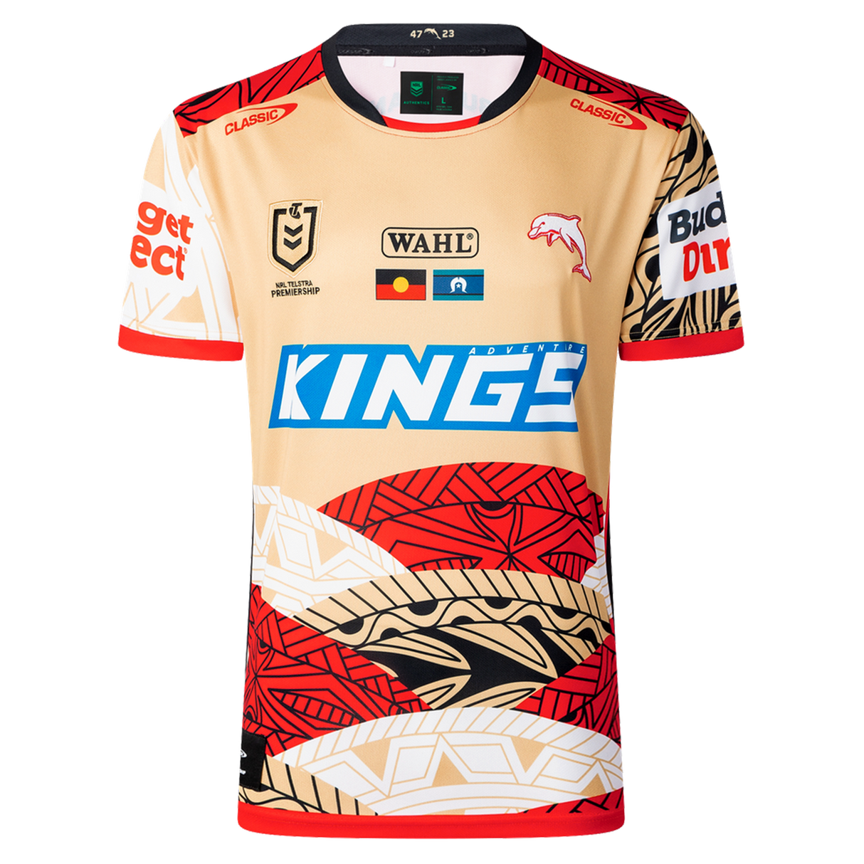 The Dolphins Indigenous NRL 25/26 Replica Jersey by Classic Sportswear features gold, red, black, and white patterns, multiple sponsor logos, and a dolphin emblem for a stylish display of team pride.