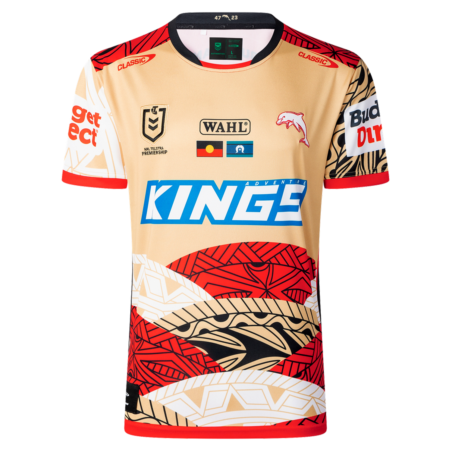 The Dolphins Indigenous NRL 25/26 Replica Jersey by Classic Sportswear features gold, red, black, and white patterns, multiple sponsor logos, and a dolphin emblem for a stylish display of team pride.
